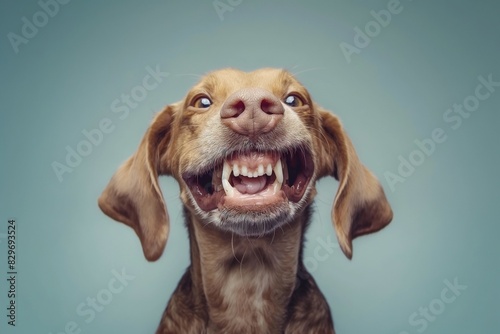 In a studio photo, a friendly Hungarian Vizsla dog is captured pulling a funny face, radiating charm and playfulness. This portrait perfectly captures the lovable and humorous nature of the dog.  photo