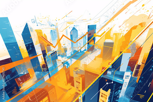 abstract illustration of a city with financial data graphs and vibrant colors representing market trends and growth