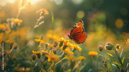 Close-up of orange butterfly on yellow flowers in sunlight photo