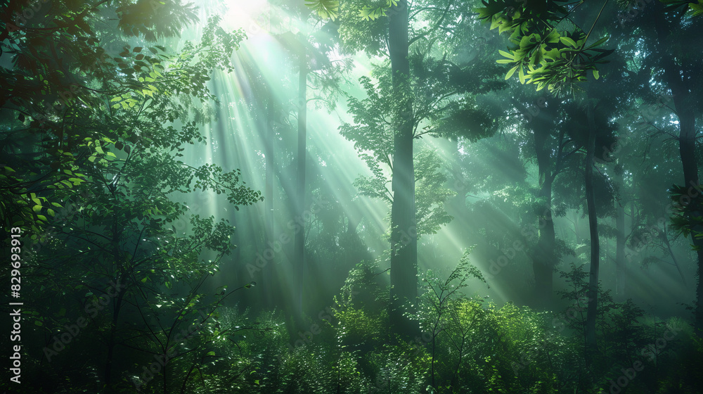 Sunlight streaming through lush green forest canopy Sunlight streaming through lush green forest canopy