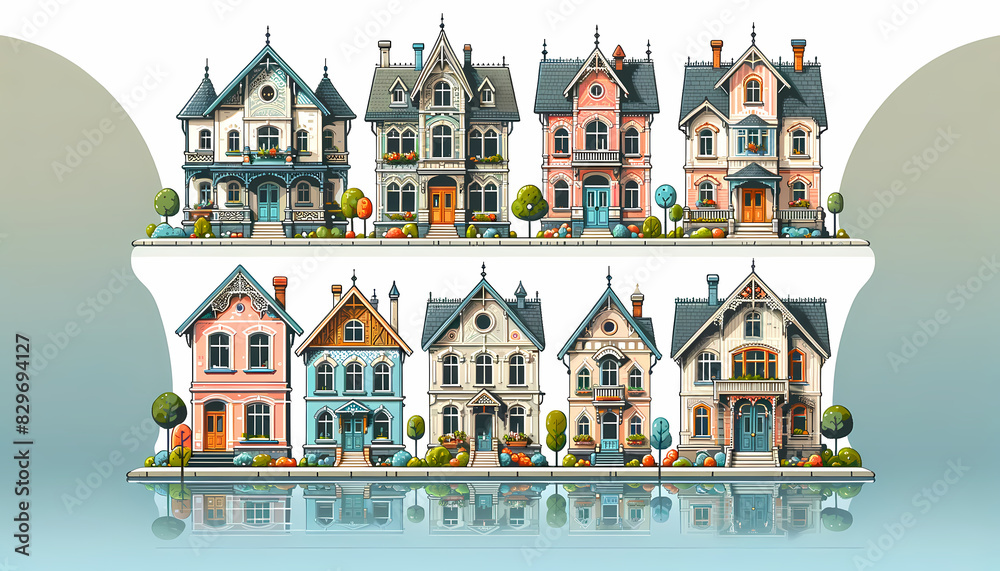 A charming illustration of Victorian row houses lined up by the waterfront, each with intricate details and colorful facades