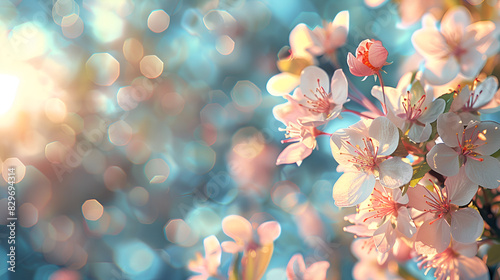 Spring blossom background. Beautiful nature scene with blooming tree and sun flare. Spring forest white flowers primroses on a beautiful blue background, Generative Ai
