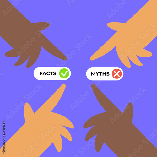 Facts versus myths. Myths facts icons and different nationalities people. Banners with true or false facts. Emblem or badge. Flat vector illustration.