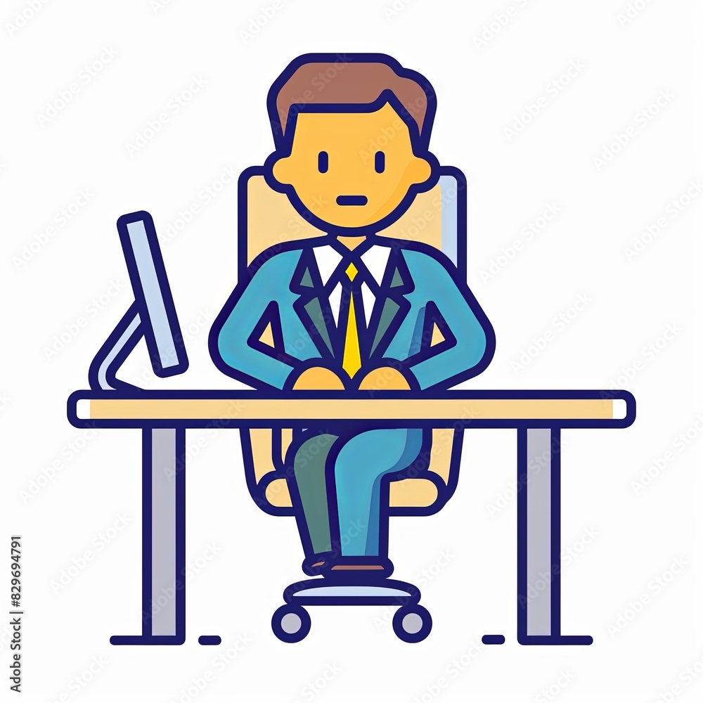 A man in a suit is sitting at a desk with a computer monitor in front of him A man in a suit is sitting at a desk with a computer monitor in front of him