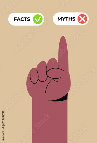 Facts versus myths. Myths facts icons and boy hand. Banners with true or false facts. Emblem or badge. Flat vector illustration.