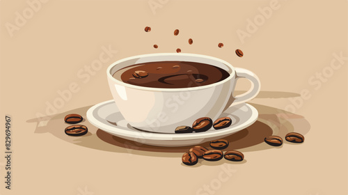 A cup of coffee with a saucer and coffee beans 