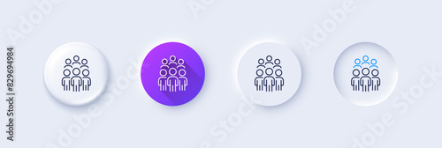Group people line icon. Neumorphic, Purple gradient, 3d pin buttons. Business conference sign. Team meeting symbol. Line icons. Neumorphic buttons with outline signs. Vector