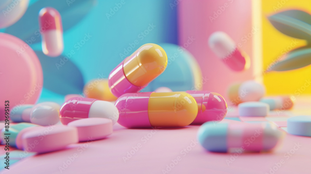 Numerous vibrant pills scattered across a table surface Numerous vibrant pills scattered across a table surface