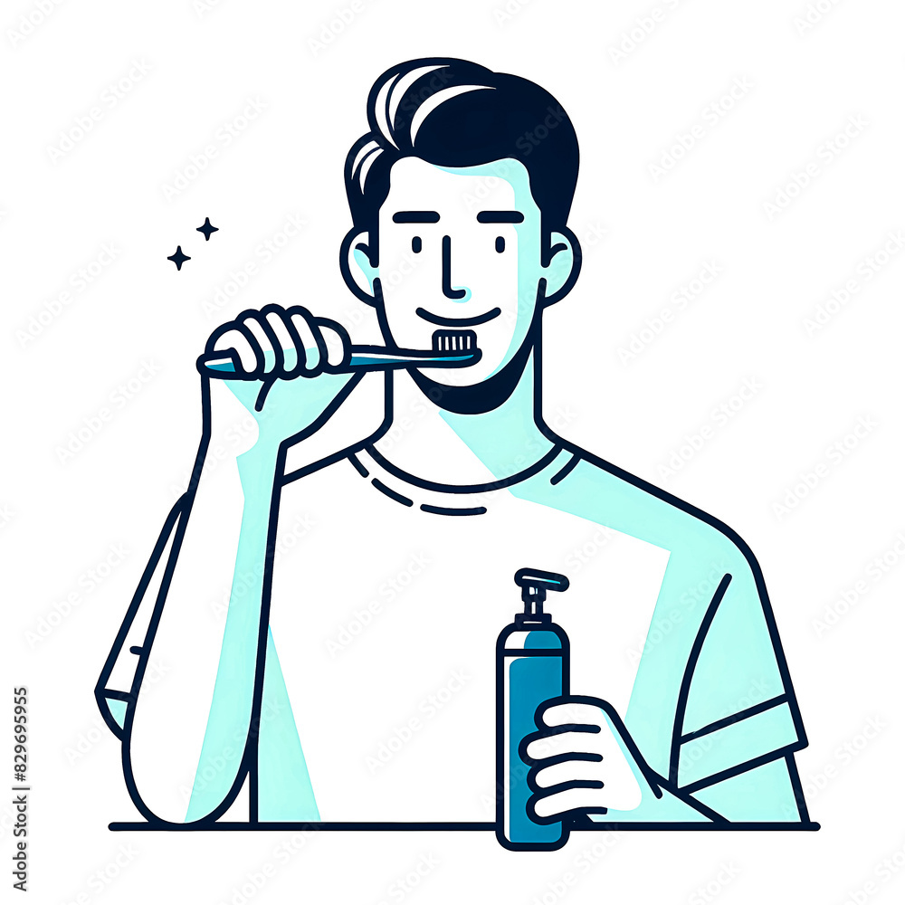 Vector illustration of a young man happily brushing his teeth on a white background, minimalist style. Vector illustration of a young man happily brushing his teeth on a white background, minimalist style.