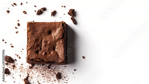 A square chocolate brownie with a cracked top, surrounded by scattered crumbs, showcasing its rich, fudgy texture. photo