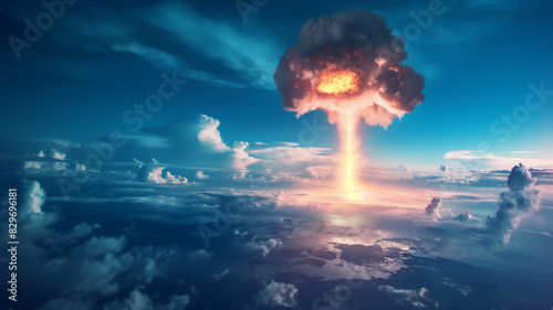 A powerful nuclear explosion with a mushroom cloud rising into the sky, illustrating catastrophic destruction. photo