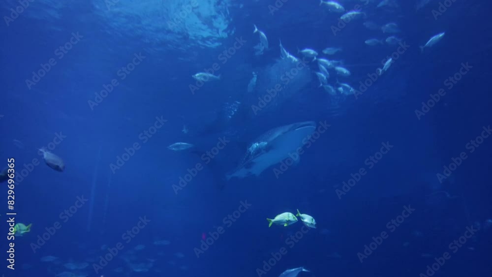A whale shark glides through an aquarium. A whale shark glides through an aquarium.