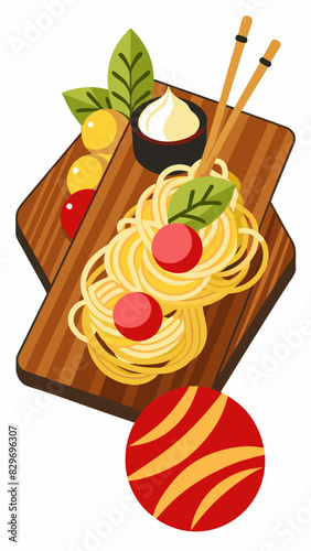 Combination of Italian pasta and Japanese noodles beautifully served on a wooden board with Japanese and Italian motifs, white background