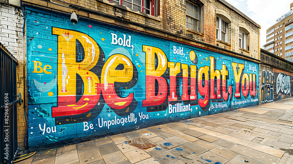 Colorful street art featuring vibrant rainbow with the words Be Bold Be Bright Be Brilliant Be Unapologetically You in bold typography inspiring confidence and authenticity