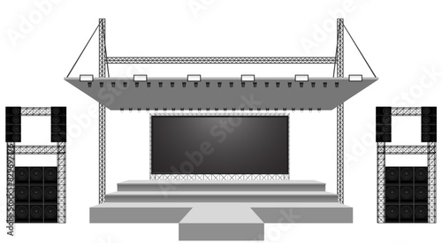 white stage and speaker with led screen on the truss system on the white background	