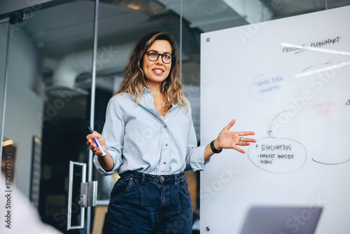 Female leadership: Business woman giving a presentation in front of her team
