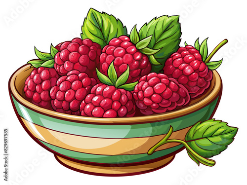 Vibrant bowl of raspberries garnished with green leaves on table. Colorful and inviting bowl of fresh raspberries for a healthy snack. Raspberries in a bowl, suitable for culinary websites