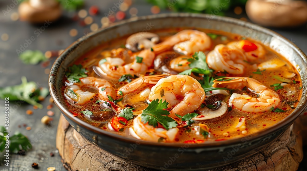 Bowl of Tom Yum soup with shrimp, mushrooms, and herbs Closeup, natural lighting