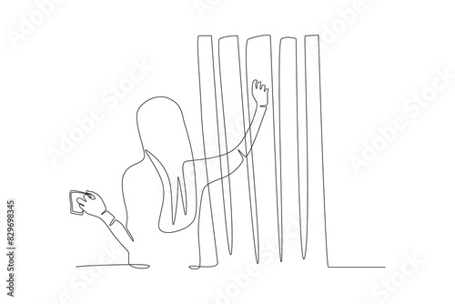 Woman who just woke up looking out the window holding coffee. Waking up in the morning concept one-line drawing