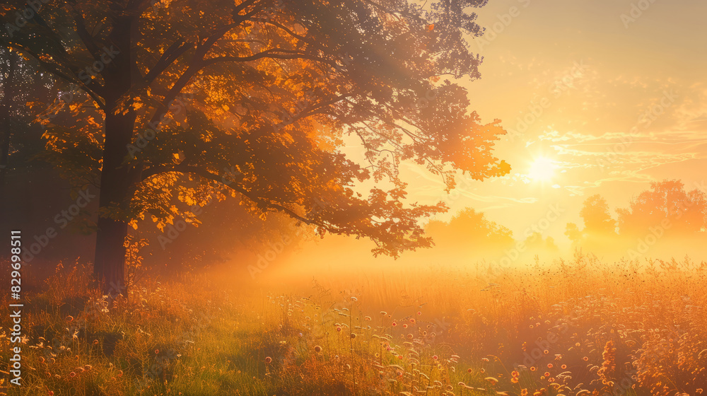 Beautiful sunrise over a misty meadow with a tree