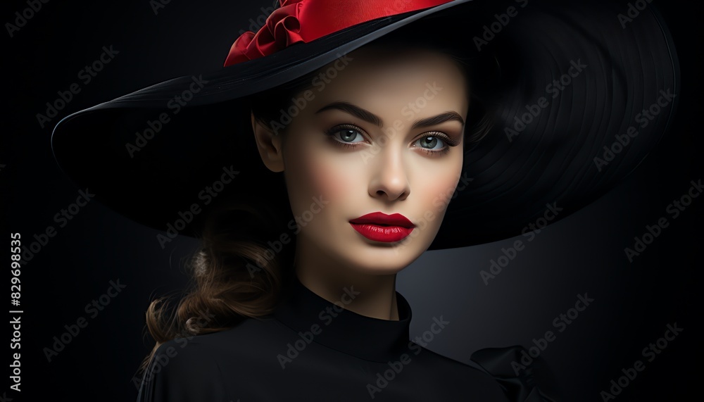 Elegant woman with red lipstick and widebrimmed hat, sophisticated look, dark background Elegant woman with red lipstick and widebrimmed hat, sophisticated look, dark background
