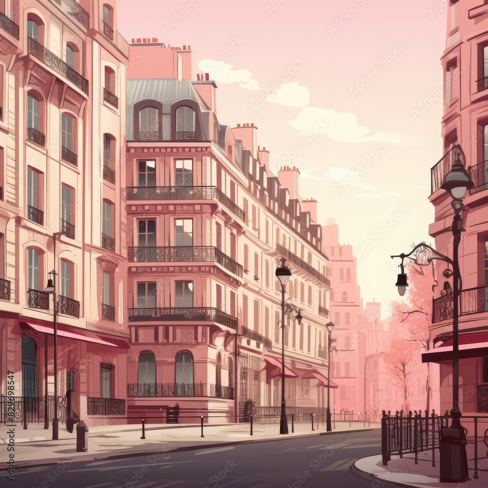 Obraz premium Charming city street scene with elegant architecture and warm lighting in a serene, urban setting during sunset.