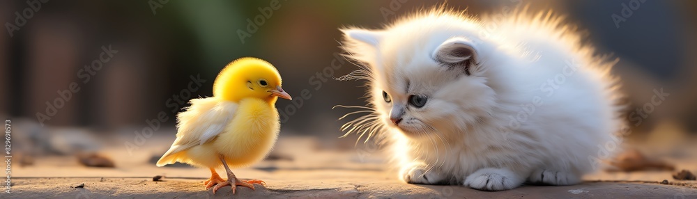 Fluffy white kitten and a yellow chick on a stone path, village setting