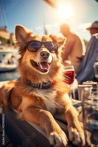 Dog with sunglasses and drink on a boat Fun, sunny, relaxing photo