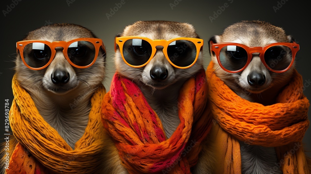 Meerkats in sunglasses and scarves, colorful background, fun and quirky