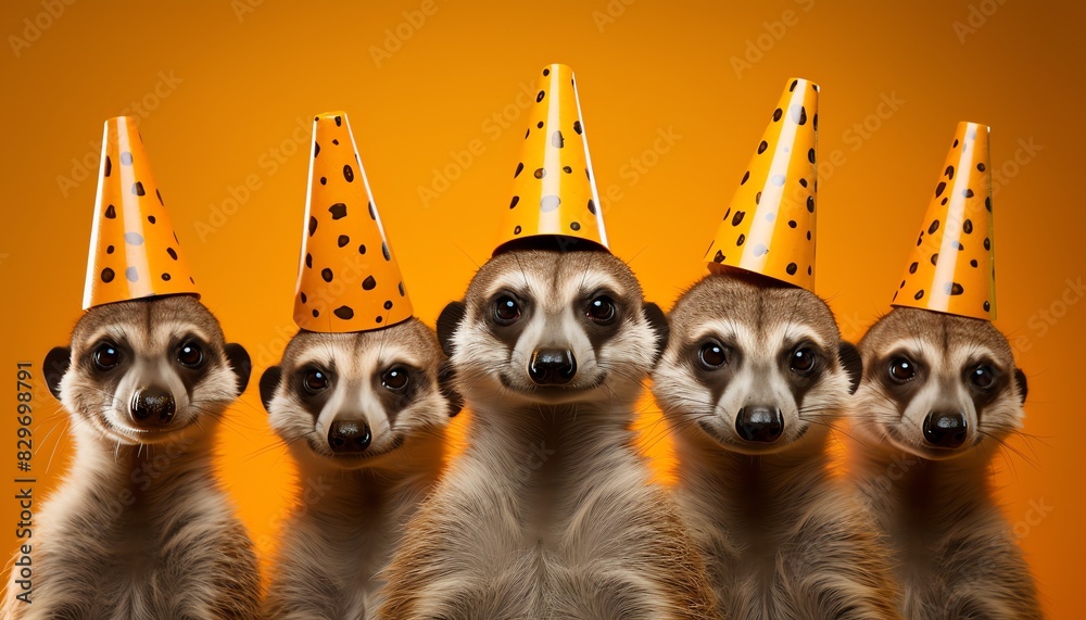 Meerkats wearing party hats, lined up, bright yellow background