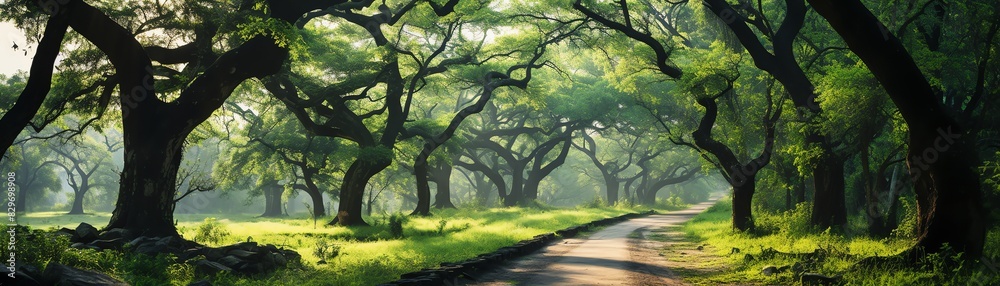 Fototapeta premium Treelined path with sunlight filtering through, peaceful and green