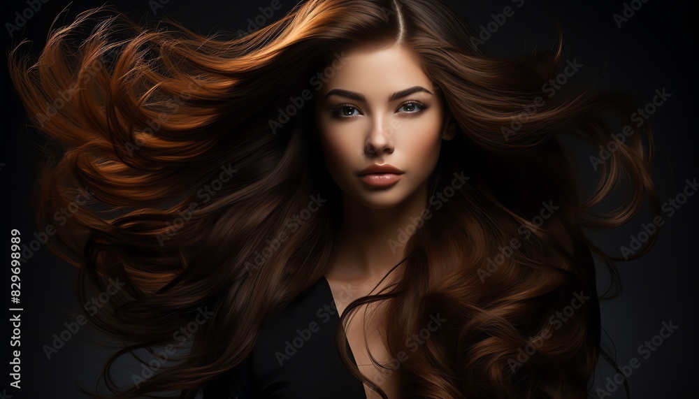 Woman with long, flowing brown hair, sleek and shiny, dark background Woman with long, flowing brown hair, sleek and shiny, dark background