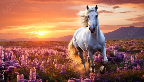 White horse running through a field of purple flowers at sunset