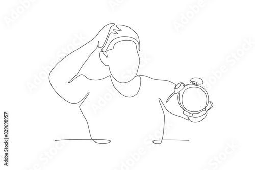 The man who woke up late looked at the clock. Waking up in the morning concept one-line drawing