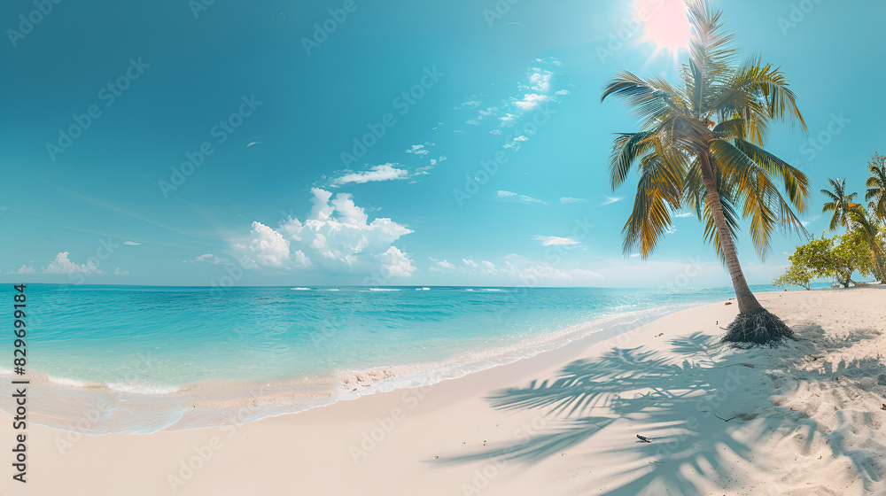 Panorama banner photo of idyllic tropical beach with palm tree Beautiful tropical beach banner. White sand and coco palms travel, Generative AI
 
