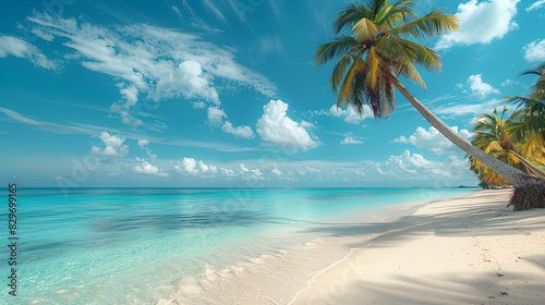 Panorama banner photo of idyllic tropical beach with palm tree Beautiful tropical beach banner. White sand and coco palms travel  Generative AI  