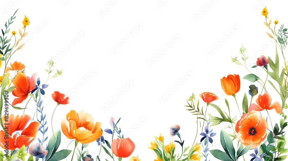 Obraz premium Beautiful watercolor floral border with vibrant flowers and leaves on white background, perfect for nature-themed designs and invitations.