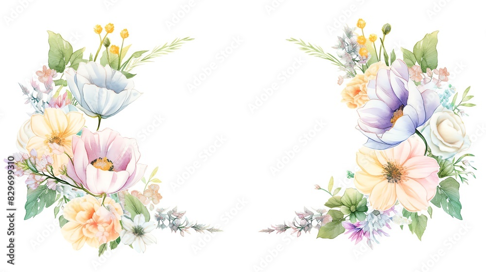 Fototapeta premium Beautiful watercolor floral frame with pastel-colored flowers and green leaves, perfect for invitations, cards, or art projects.