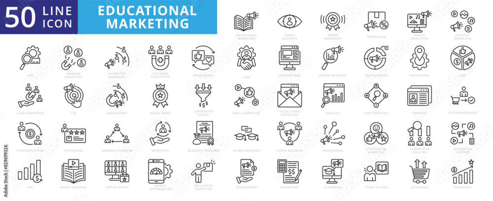 Educational marketing icon set with target audience, brand awareness, promotion, digital, content, seo and lead generation. Educational marketing icon set with target audience, brand awareness, promotion, digital, content, seo and lead generation.