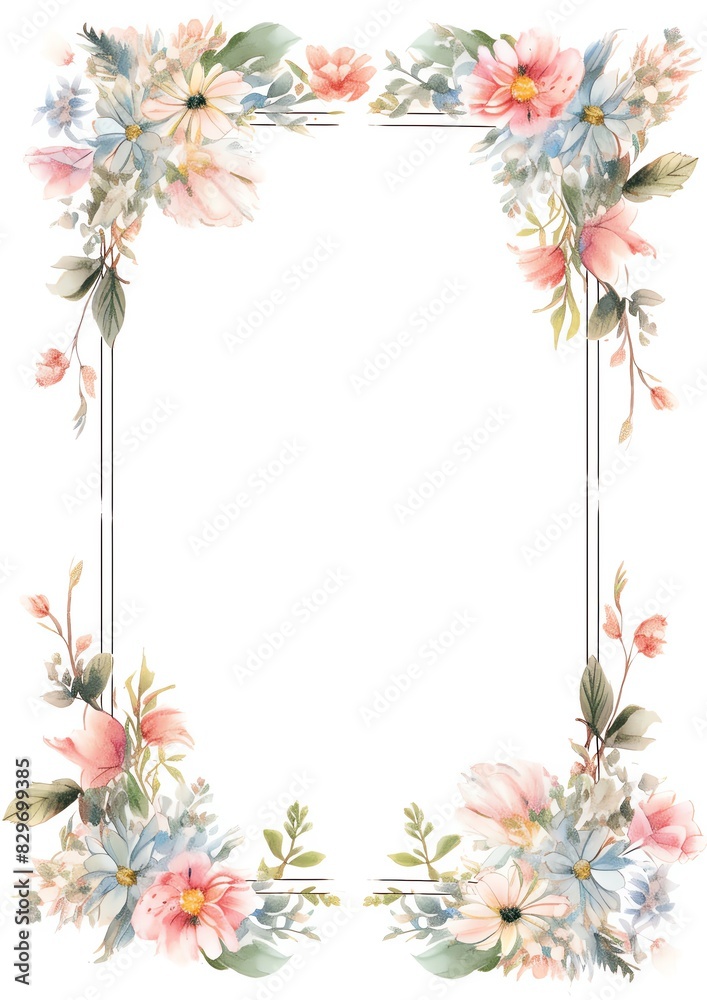 Elegant floral border design with pastel flowers and leaves, perfect for invitations, cards, and scrapbooking projects.