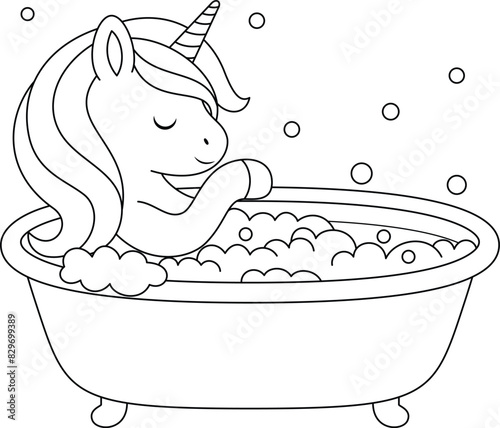 Cute kawaii unicorn is taking a bath coloring page for kids. Animal outline doodle colouring page isolated on white background. Wild animal coloring book for kids