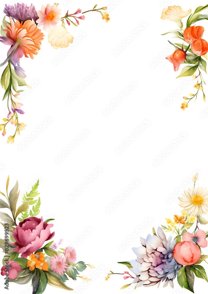Elegant floral frame with vibrant watercolor flowers, perfect for wedding invitations, cards, and decorative designs. Blank space in center.