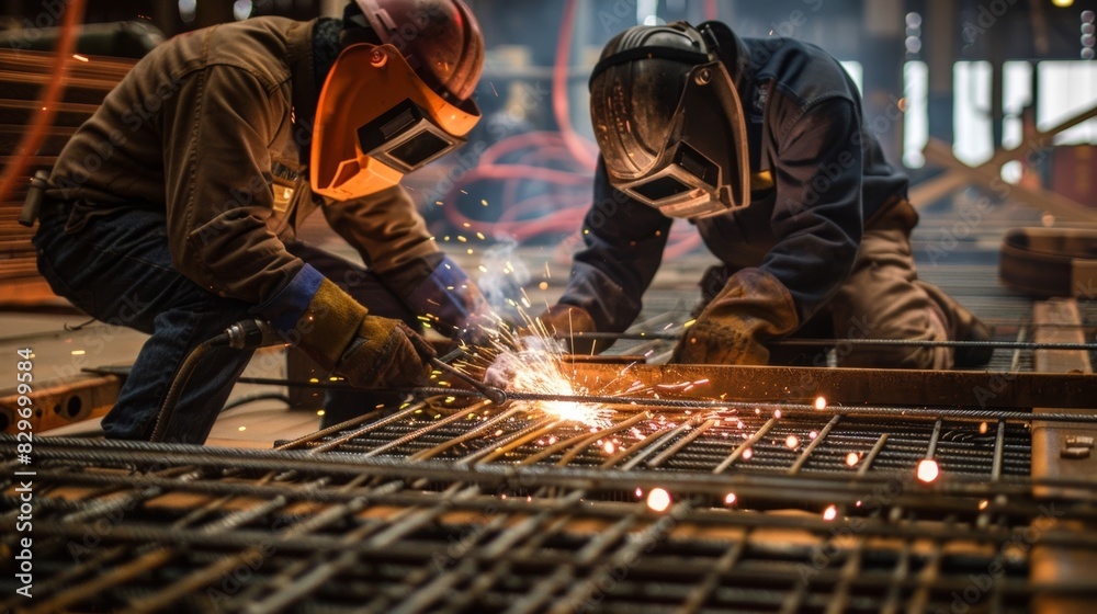 Welders fuse steel rods together to create custom reinforcement beams for critical areas of the building. Welders fuse steel rods together to create custom reinforcement beams for critical areas of the building.