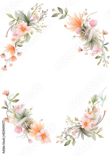 Elegant round floral frame with soft pastel flowers and green leaves, perfect for invitations and greeting cards, on a white background.