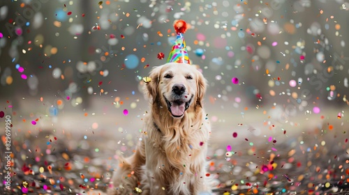 Celebratory Canine: Dog in Birthday Hat With Confetti