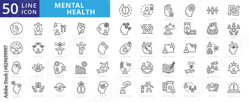 Mental health icon set with rumination, burnout, coping with rejection, triggers, resilience, recovery and crisis hotline.