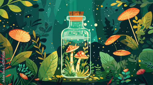 A magical bottle with plants around and a amanita inside