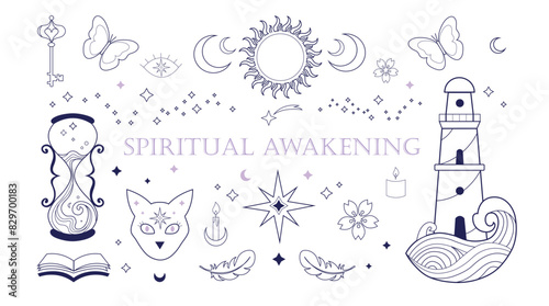 Mystical spiritual vector collection of magic awakening symbols: lighthouse, sun and moon, cat etc. Psychology, philosophy, mind, energy, yoga and spirit  insight and subconscious concept