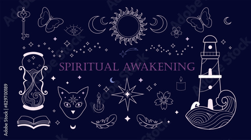 Mystical spiritual vector collection of magic awakening symbols: lighthouse, sun and moon, cat etc. Psychology, philosophy, mind, energy, yoga and spirit  insight and subconscious concept