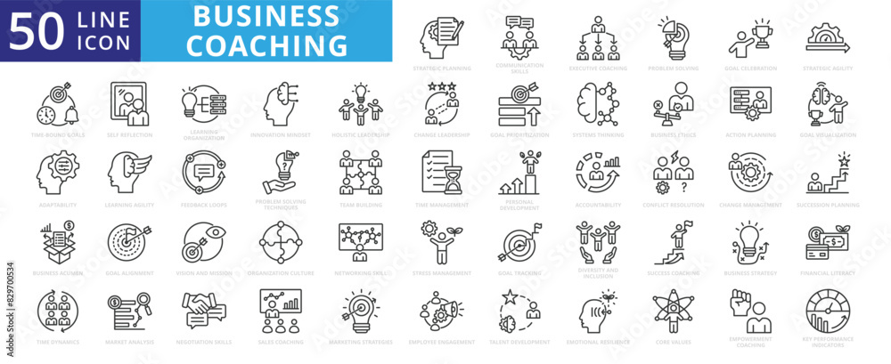 Business coaching icon set with communication skills, executive, solution, training, mentoring, problem solving, adaptability, business acumen, and strategic agility. Business coaching icon set with communication skills, executive, solution, training, mentoring, problem solving, adaptability, business acumen, and strategic agility.